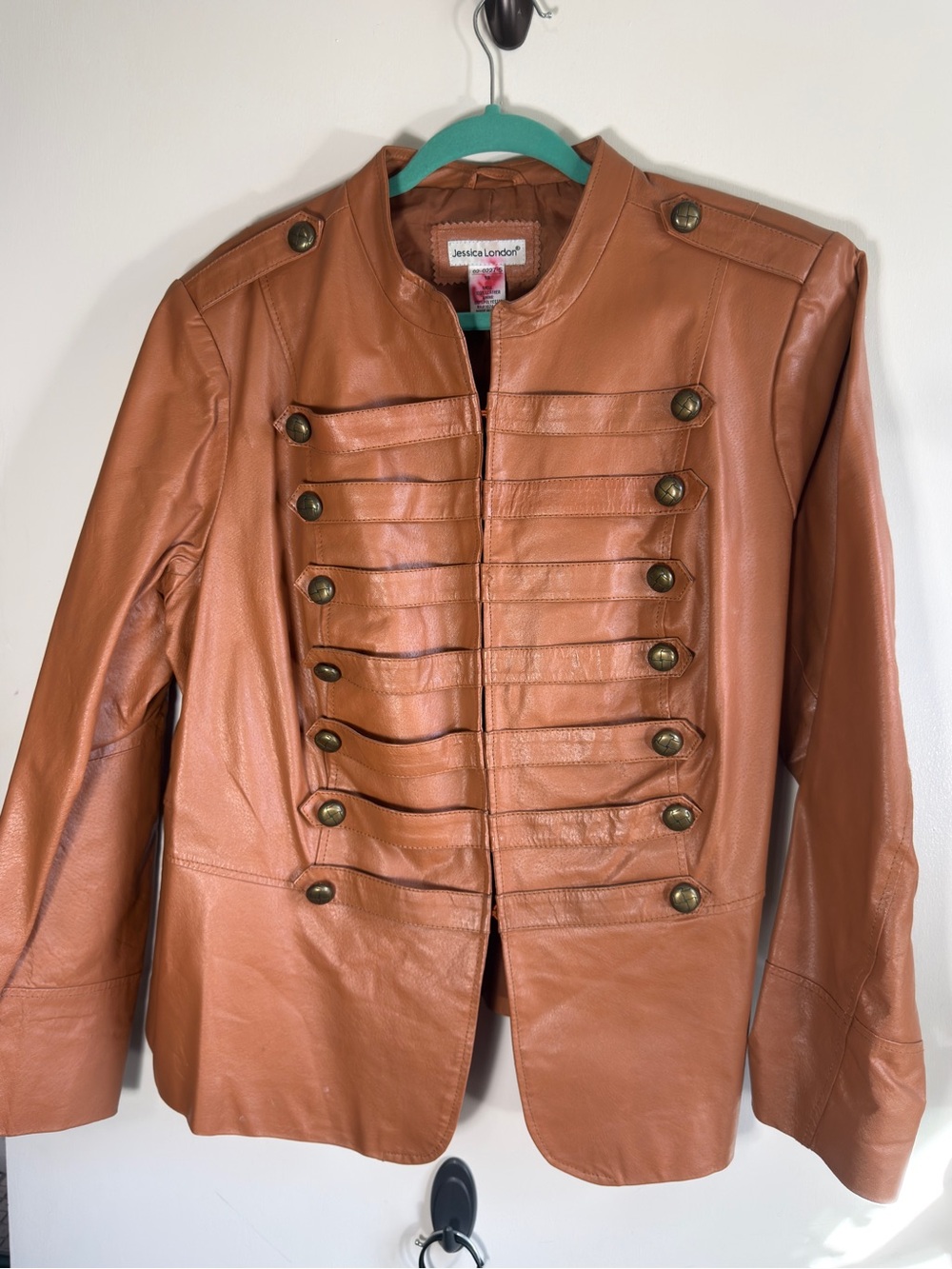 Jessica London Cognac Brown Military-Style 100% Leather Jacket